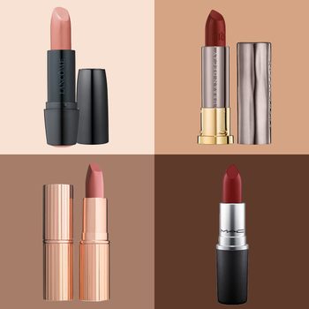 Four lipsticks stand open; brands are LancÃ´me, Urban Decay, Charlotte Tilbury, and MAC; displayed on a quadrant of beige and brown backgrounds.