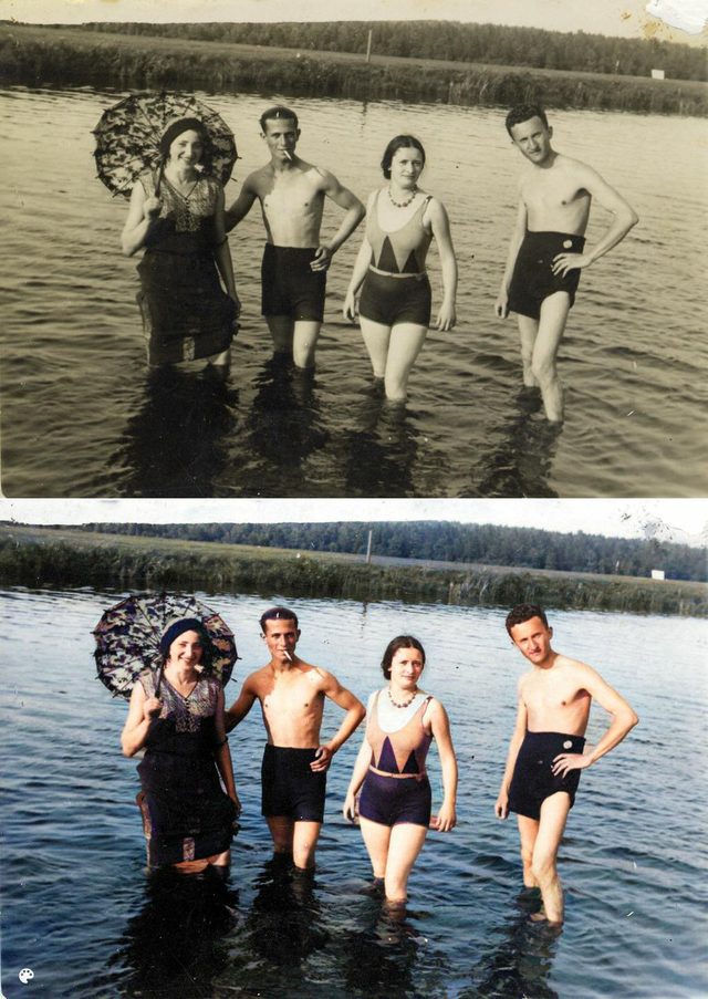 colorized family by the lake