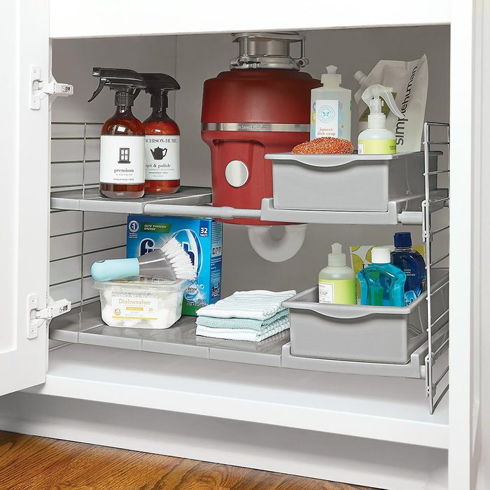 Cabinet shelves hold cleaning supplies including bottles, a dish brush, and towels, organized neatly around a red garbage disposal unit under a kitchen sink.