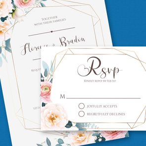 Invitation with floral design over blue background, featuring 