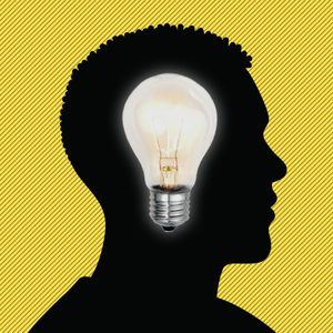 Silhouette of a head holding a glowing light bulb inside, set against a yellow background with diagonal stripes.