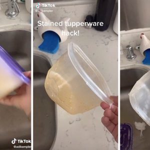 Container shaken above sink, initially stained, becomes clear. Text reads 
