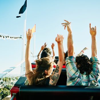 People raise hands joyfully while riding a roller coaster, set against a bright blue sky and ocean view with palm trees below.
