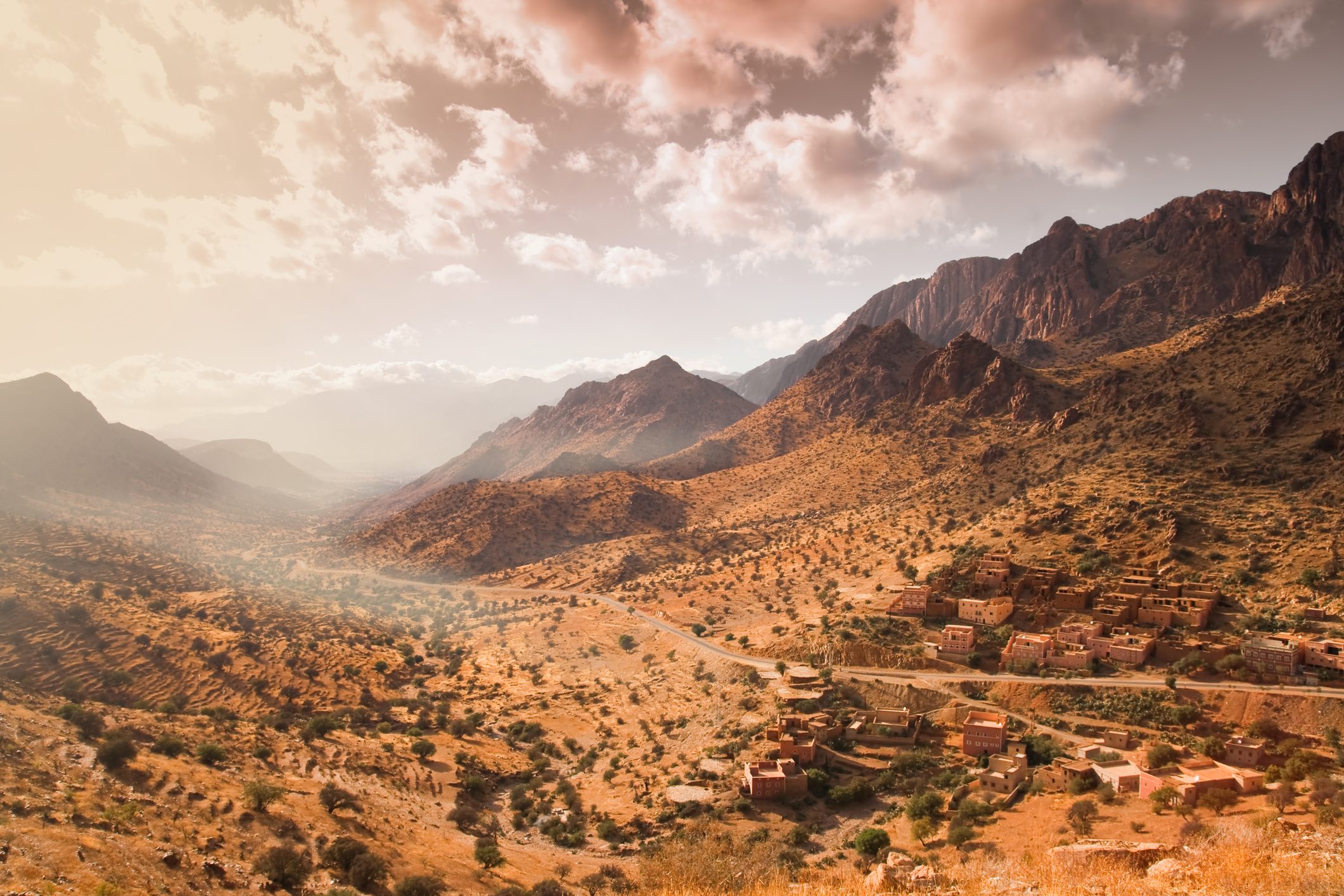 Atlas mountains with town in Morocco.