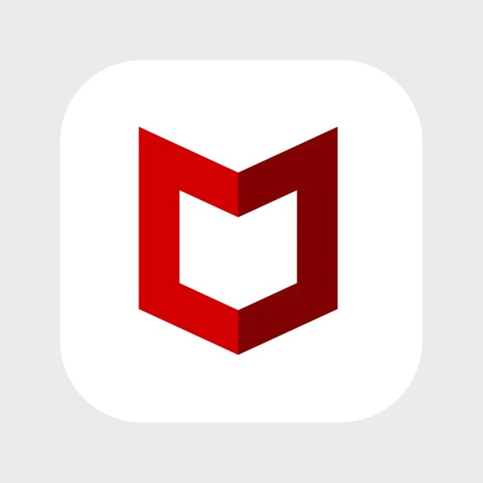Red shield logo sits centered on a white, rounded square background, suggesting protection or security.