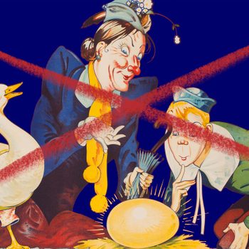 Clown and boy admire golden egg beside smiling goose, large red X across scene, on dark blue background.