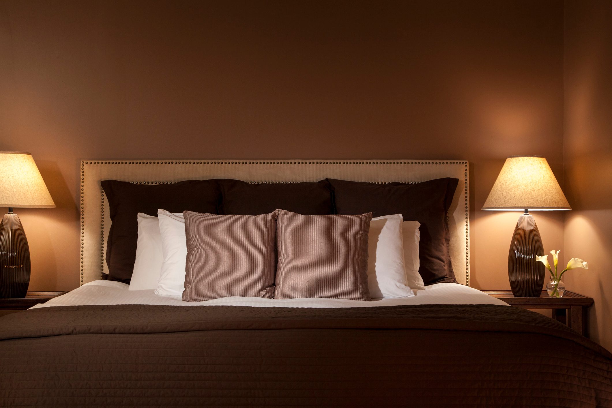 Brown themed bedroom with two lamps