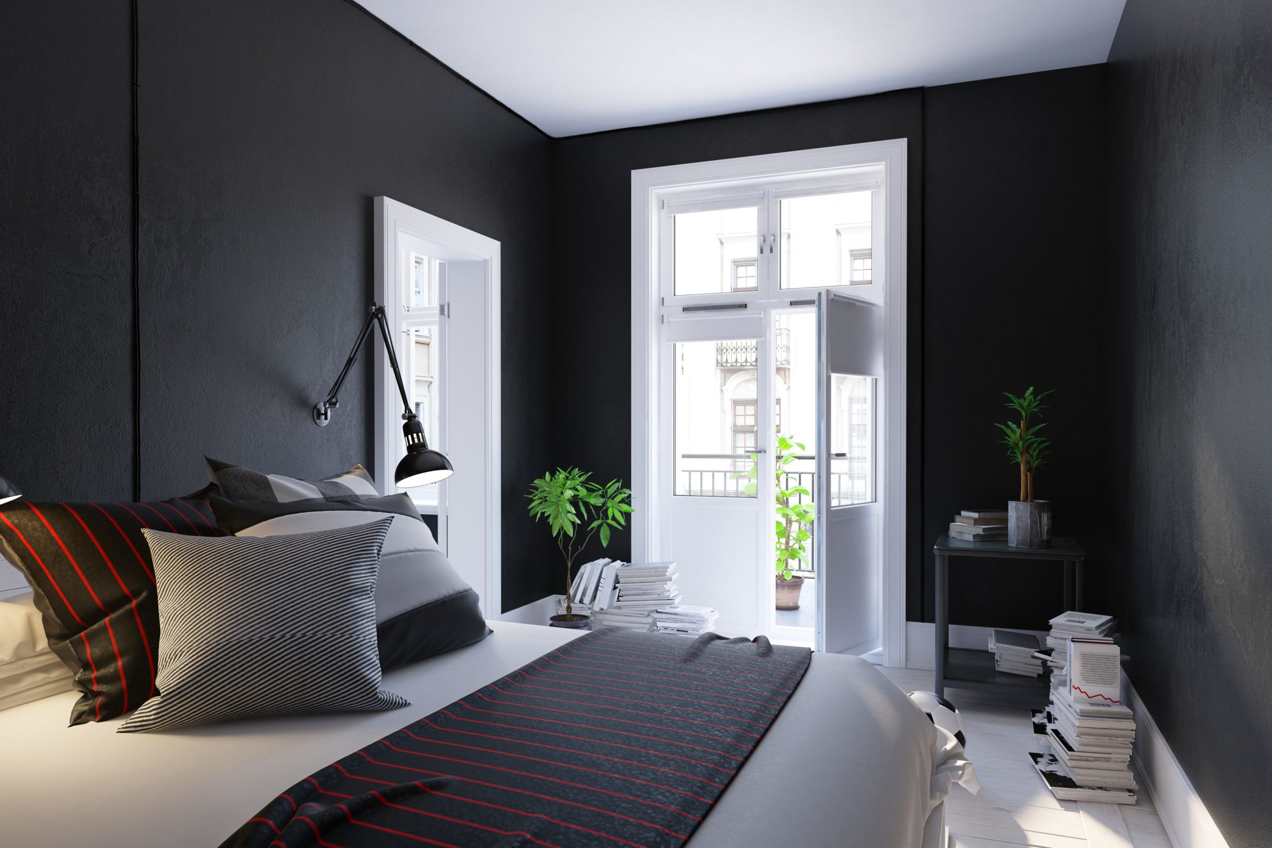 Black living room interior, Scandinavian style