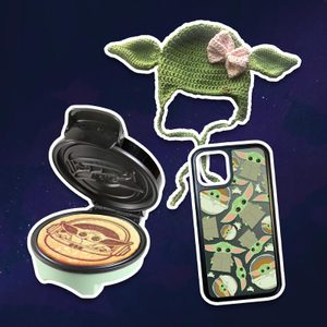 A waffle maker presses a character image onto a waffle; a green knit hat features ears and bow; a phone case displays character patterns.