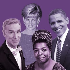 Four individuals pose against a solid purple background, each smiling or looking directly at the viewer, dressed in formal attire.