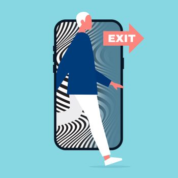 Person walking through smartphone with a swirling pattern. "EXIT" sign points right. Background is light blue.