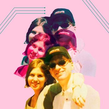 People smiling, layer overlapping, wearing casual clothes; sunglasses and hats in a pink background with circuit-style lines.