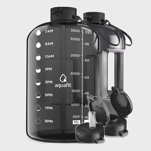 Water bottle displays time markers and volume measures in liters and milliliters, featuring a logo. Two caps are open for drinking, suggesting hydration.