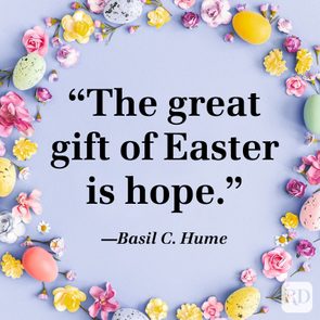 Quote text with Easter eggs and various colorful flowers arranged in a circle on a light purple background.