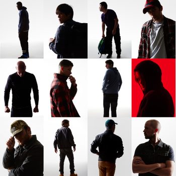 Silhouetted figures pose in various stances against a bright background, wearing casual and rugged clothing. One figure stands against a bold red backdrop.