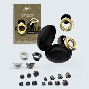 Earplugs rest in an open case, showcased with interchangeable tips; packaging states 