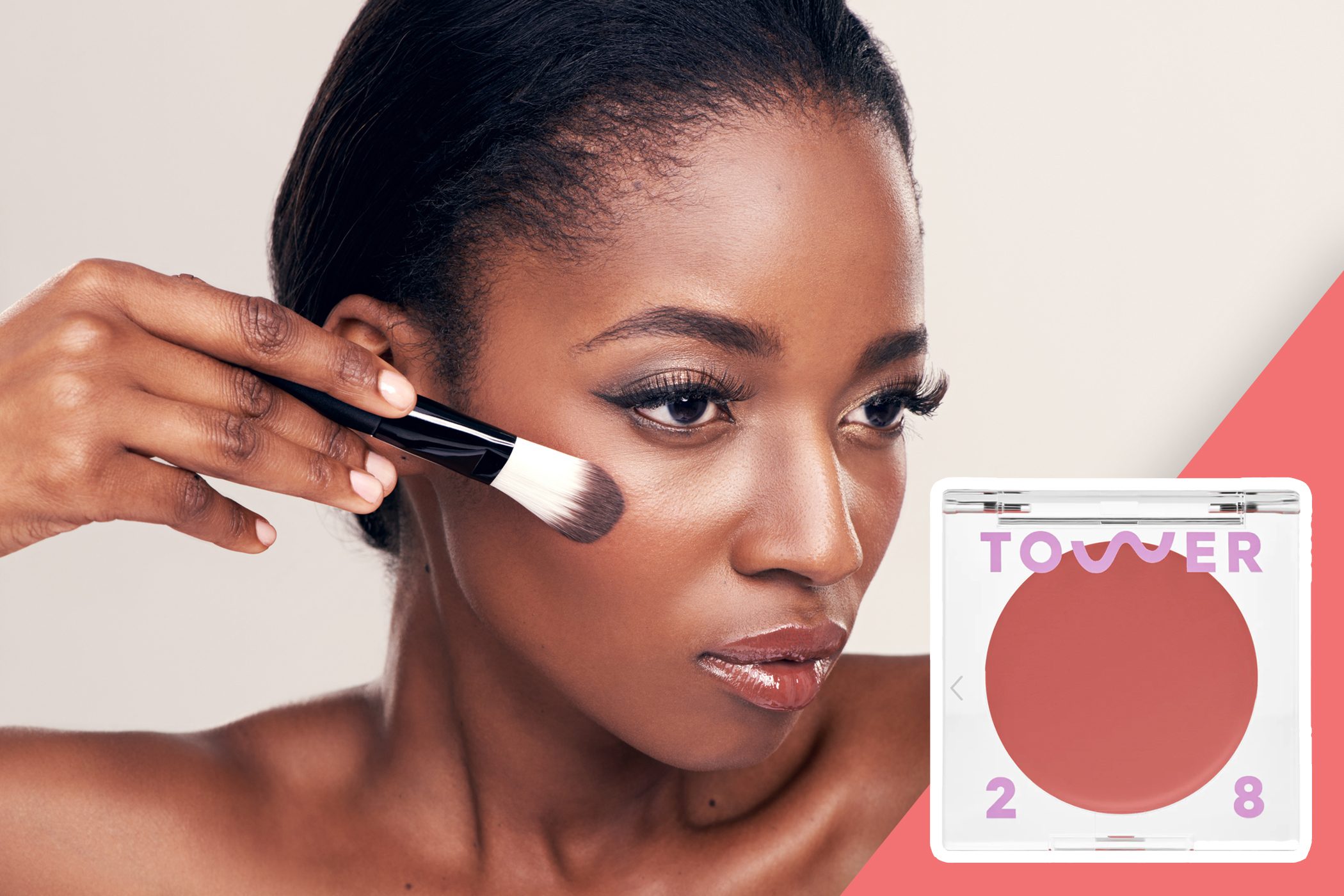 inset of blush on photo of woman applying liquid blush with brush
