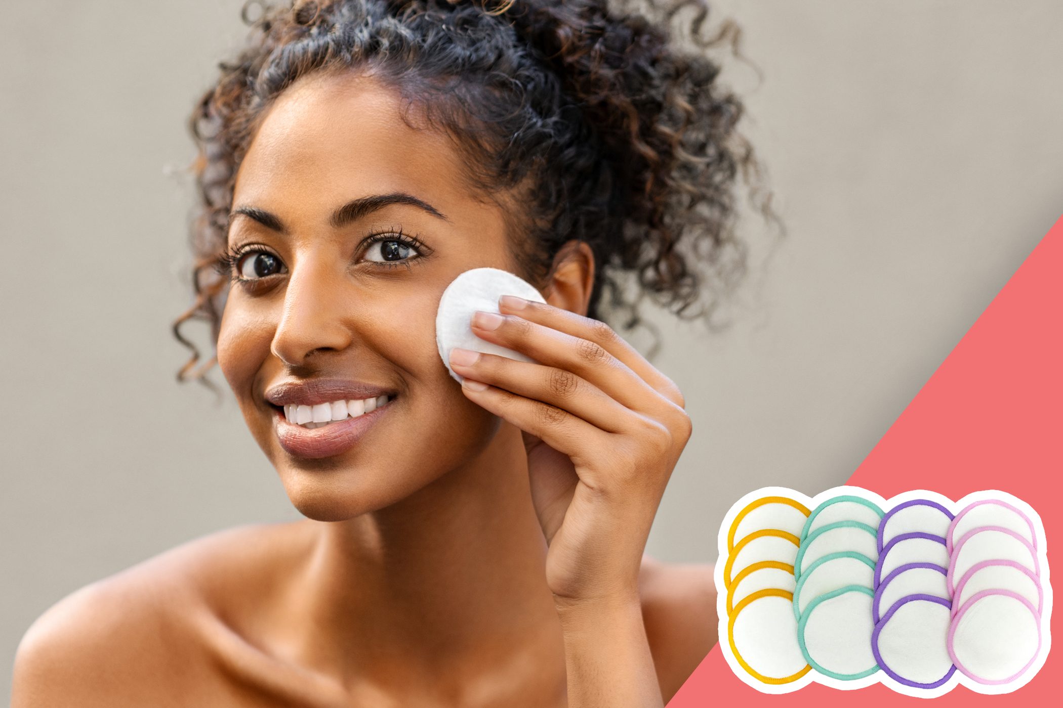 inset of cotton pads on photo of woman using cotton pad