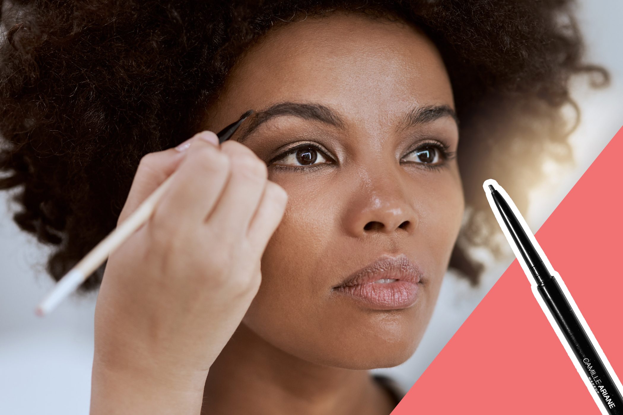 inset of eyebrow pencil on photo of woman