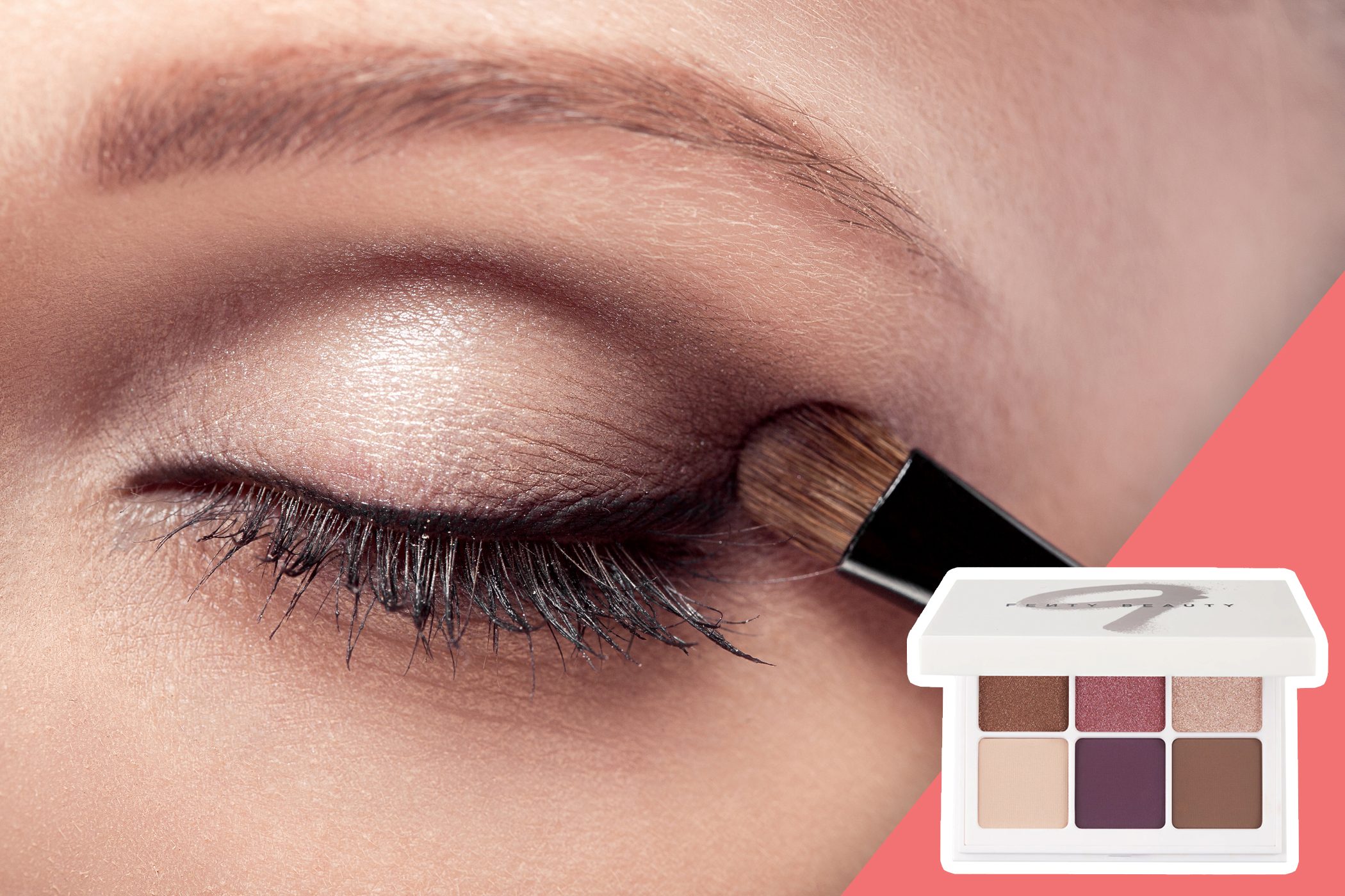 inset of eyeshadow pallet on photo of a woman shaping her eyeshadow
