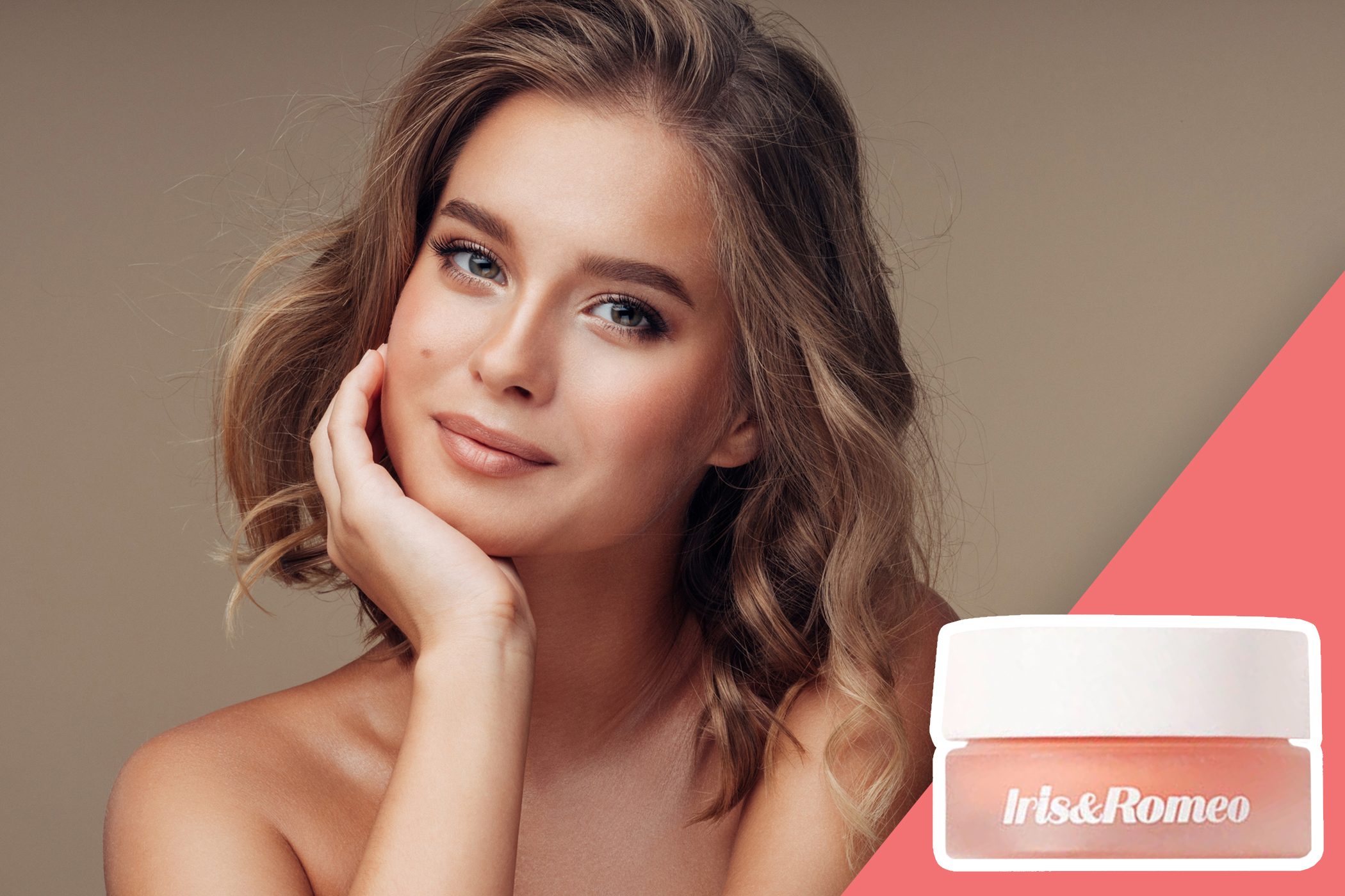 lip balm inset over photo of woman with natural makeup