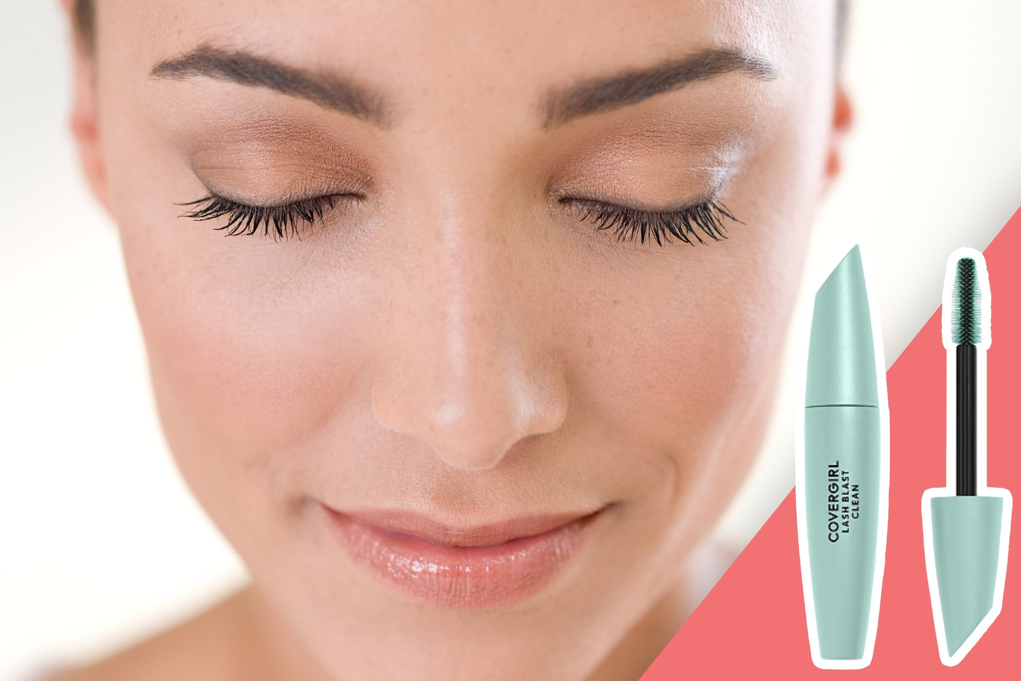 inset of mascara on photo of woman wearing mascara
