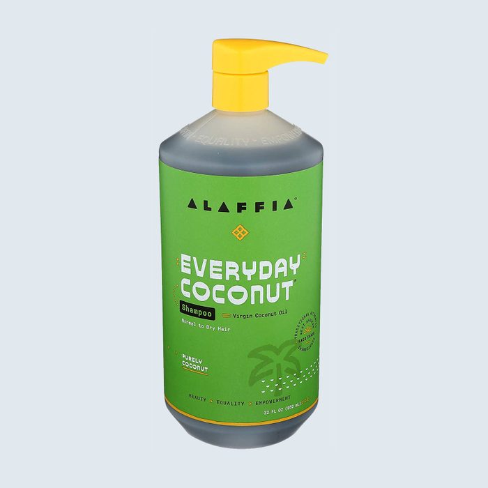 Shampoo bottle features a green label with text 