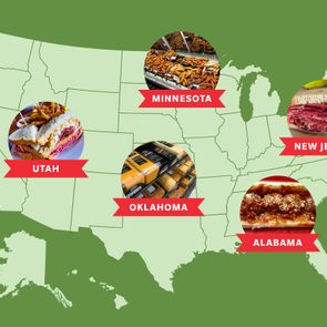 Foods displayed over a U.S. map: Minnesota (sausages), Utah (sandwich), Oklahoma (cheese), New Jersey (pastrami sandwich), Alabama (barbecue sandwich).