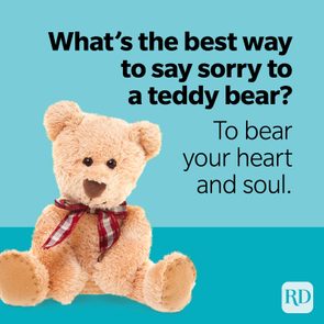 Teddy bear sits with a red bow, against a blue background. Text: 