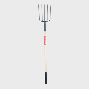 A pitchfork with black tines and a wooden handle is positioned vertically against a plain background. Text reads 