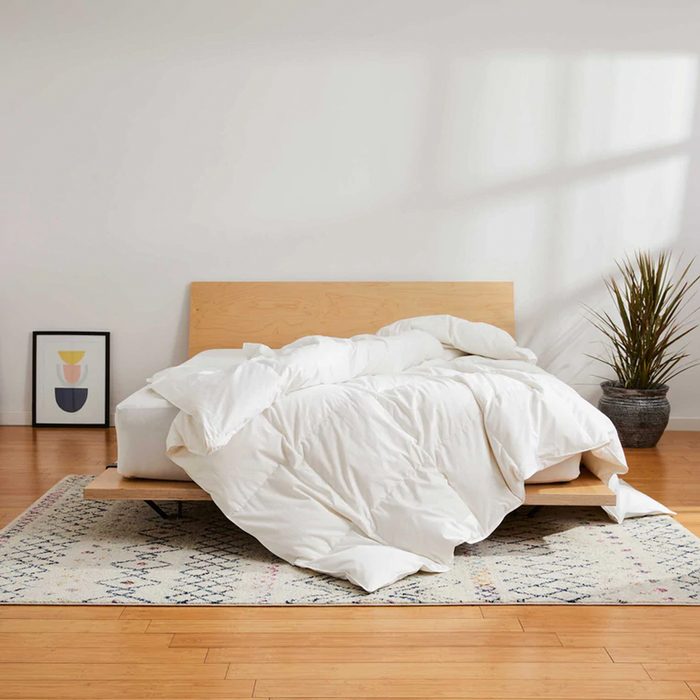 Bed holds a white comforter, slightly disheveled, in a minimalist bedroom setting with a plant, framed artwork, and hardwood floors.