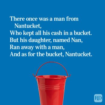 Red bucket is stationary against a blue background, beneath text describing a humorous limerick about a man and Nantucket.