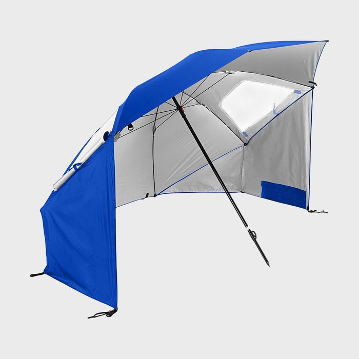 Umbrella tent stands open with blue and gray fabric, bracing poles extended, set against a plain white background.