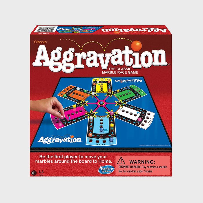 Board game box displays colorful marble tracks; hand moves a piece. Text: 
