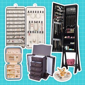 Jewelry organizers display various items; a hanging organizer, a standing cabinet, a travel case, and drawers in a grid-patterned blue background.