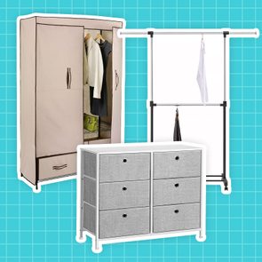 Wardrobe organizes clothing, drawers store items, and garment rack holds hangers; all against a blue grid-patterned background.