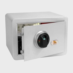 Safe stands open, revealing cash and items inside; located in a minimal, plain setting. The brand name 