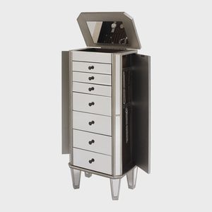 Jewelry armoire stands open, revealing compartments and drawers, with necklaces hanging on doors, in a minimalist setting.
