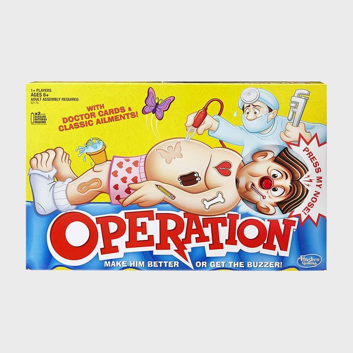 Game box depicting a cartoon patient undergoing mock surgery, surrounded by medical tools. Title: 
