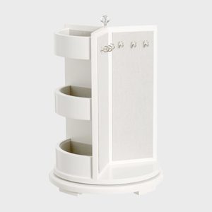 Rotating white jewelry organizer displaying hooks and open shelves, against a plain gray background.