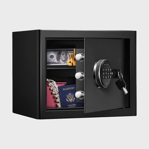 A black safe with an open door reveals cash, gold coins, jewelry, and a U.S. passport inside, against a plain background.