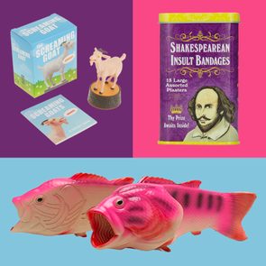 Goat figurine screams, beside its packaging, on purple. Shakespeare-themed bandage tin, also on purple. Two pink fish heads, mouths open, on blue background.