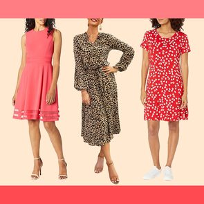 Three women wear distinct dresses: a sleeveless pink, a long-sleeved leopard print, and a red floral, standing against a pale background.