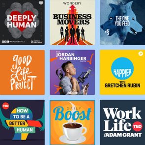 Nine podcast cover images display titles like 