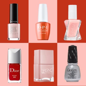 Six nail polish bottles are displayed against alternating red and pink backgrounds, showcasing brands like Revlon, OPI, Essie, Dior, Nails Inc, and GelÃ¡ze.