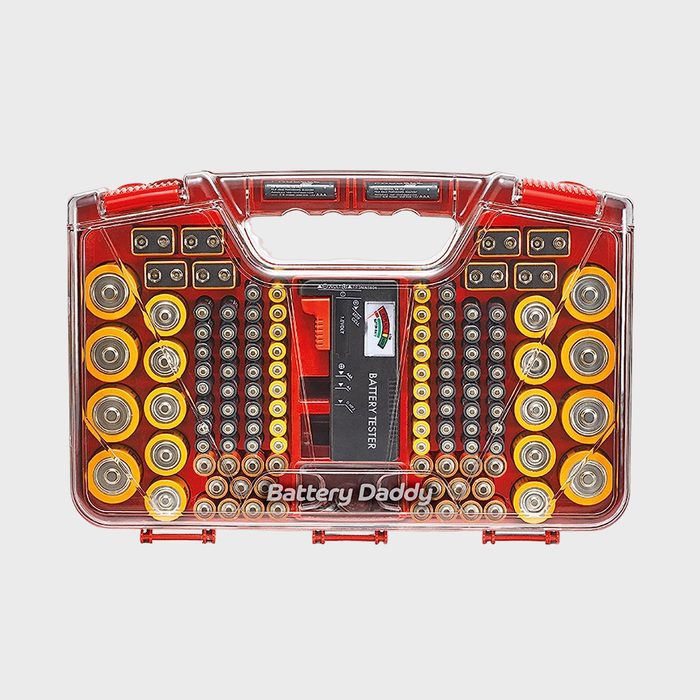 Case holds various batteries with a battery tester, organized neatly inside a clear, red-handled container labeled 