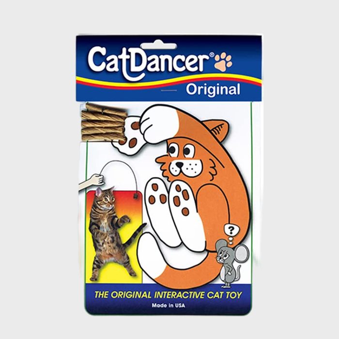 Cartoon cat holding toy in packaging, with image of real cat playing. Blue text reads: 