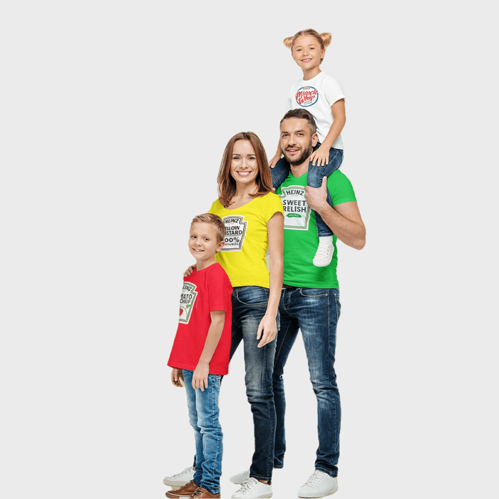 Family poses in colorful condiment-themed shirts; child on shoulders, others standing. Text: 