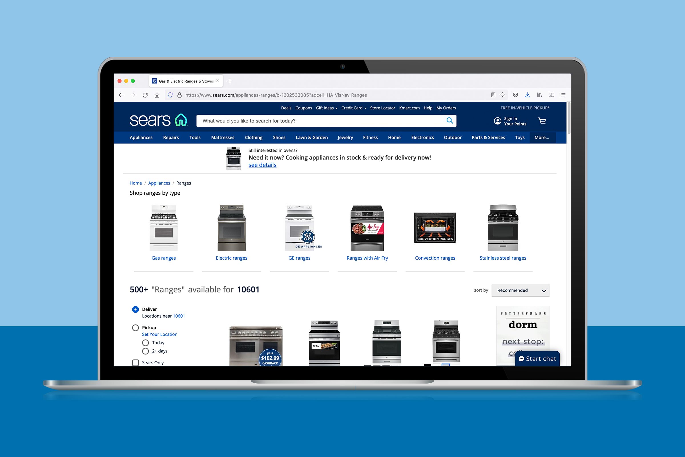 Laptop displays Sears website showing various types of kitchen ranges. Text indicates over 500 ranges available for a specified location.