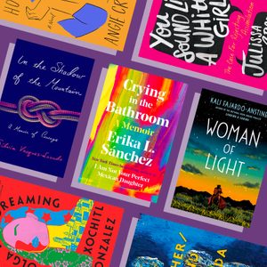 Various colorful book covers displayed, each featuring different titles and authors, arranged against a purple background.